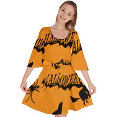 Happy Halloween Scary Funny Spooky Logo Witch On Broom Broomstick Spider Wolf Bat Black 8888 Black A Velour Kimono Dress by HalloweenParty