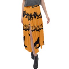 Happy Halloween Scary Funny Spooky Logo Witch On Broom Broomstick Spider Wolf Bat Black 8888 Black A Velour Split Maxi Skirt by HalloweenParty