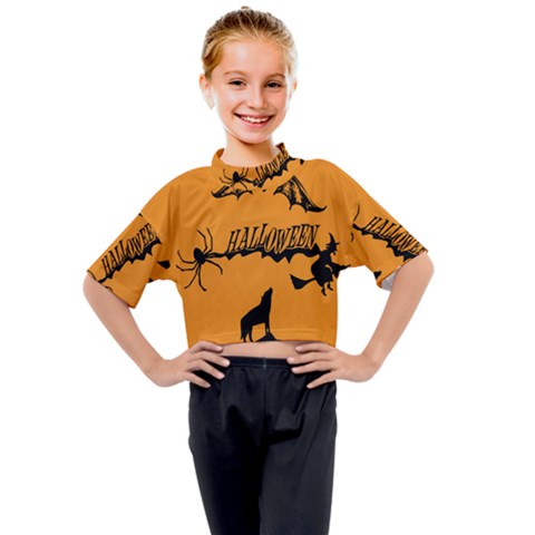 Happy Halloween Scary Funny Spooky Logo Witch On Broom Broomstick Spider Wolf Bat Black 8888 Black A Kids Mock Neck Tee by HalloweenParty