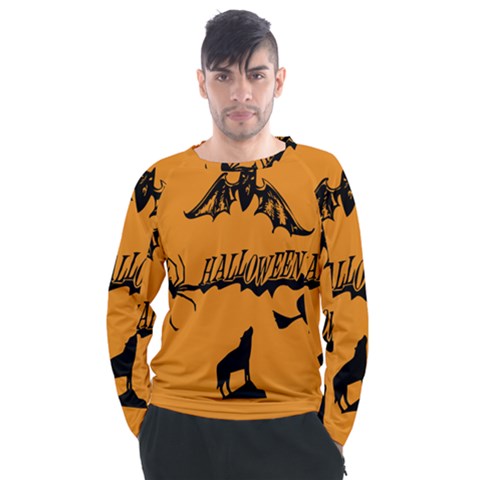 Happy Halloween Scary Funny Spooky Logo Witch On Broom Broomstick Spider Wolf Bat Black 8888 Black A Men s Long Sleeve Raglan Tee by HalloweenParty