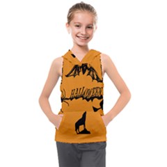 Happy Halloween Scary Funny Spooky Logo Witch On Broom Broomstick Spider Wolf Bat Black 8888 Black A Kids  Sleeveless Hoodie by HalloweenParty