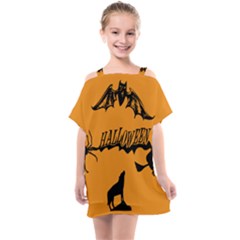 Happy Halloween Scary Funny Spooky Logo Witch On Broom Broomstick Spider Wolf Bat Black 8888 Black A Kids  One Piece Chiffon Dress by HalloweenParty