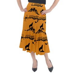 Happy Halloween Scary Funny Spooky Logo Witch On Broom Broomstick Spider Wolf Bat Black 8888 Black A Midi Mermaid Skirt by HalloweenParty