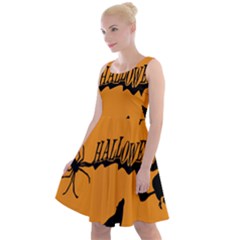 Happy Halloween Scary Funny Spooky Logo Witch On Broom Broomstick Spider Wolf Bat Black 8888 Black A Knee Length Skater Dress by HalloweenParty