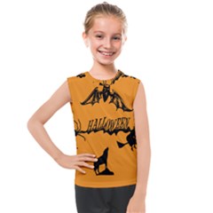 Happy Halloween Scary Funny Spooky Logo Witch On Broom Broomstick Spider Wolf Bat Black 8888 Black A Kids  Mesh Tank Top by HalloweenParty