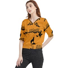 Happy Halloween Scary Funny Spooky Logo Witch On Broom Broomstick Spider Wolf Bat Black 8888 Black A Quarter Sleeve Blouse