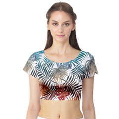 Blue Tropical Leaves Short Sleeve Crop Top by goljakoff