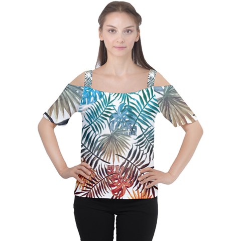 Blue Tropical Leaves Cutout Shoulder Tee by goljakoff