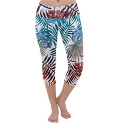 Blue tropical leaves Capri Yoga Leggings