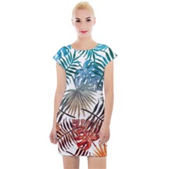 Blue tropical leaves Cap Sleeve Bodycon Dress