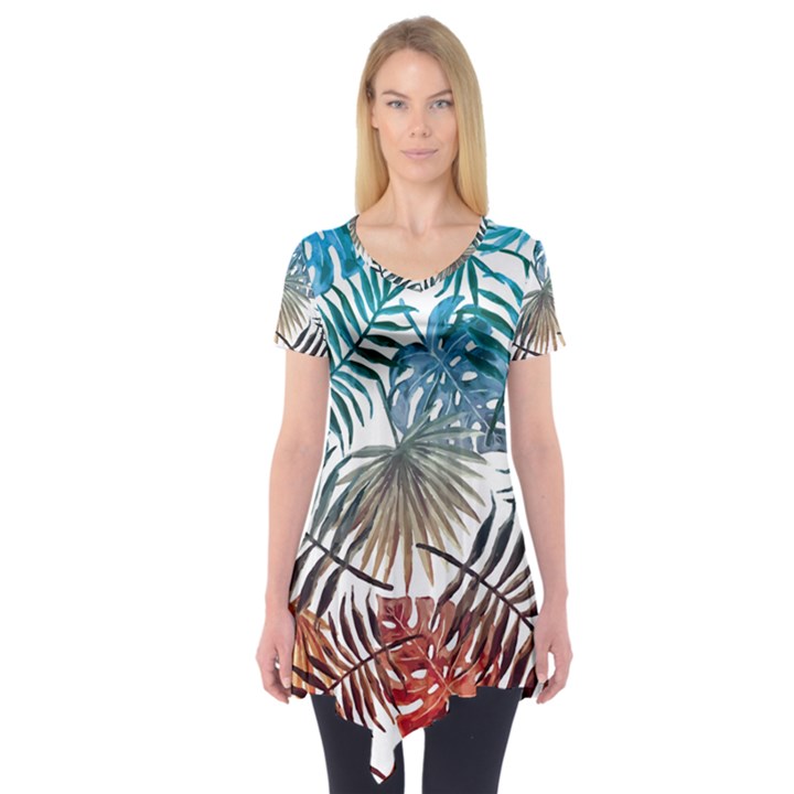 Blue tropical leaves Short Sleeve Tunic 