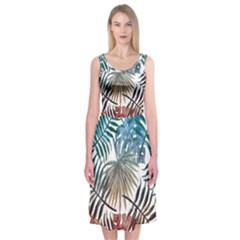 Blue tropical leaves Midi Sleeveless Dress