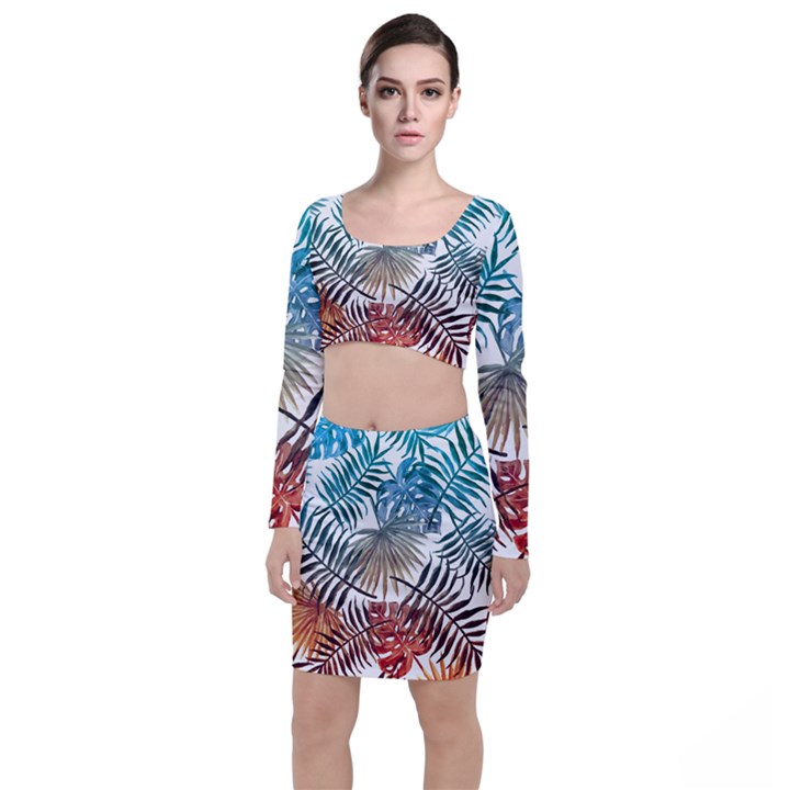 Blue tropical leaves Top and Skirt Sets