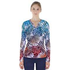 Blue tropical leaves V-Neck Long Sleeve Top