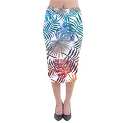 Blue tropical leaves Velvet Midi Pencil Skirt