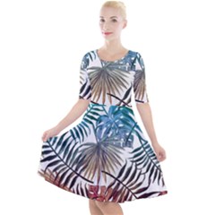 Blue tropical leaves Quarter Sleeve A-Line Dress