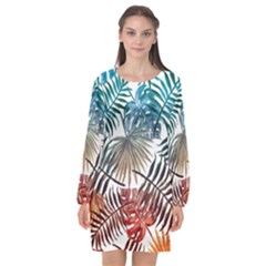 Blue tropical leaves Long Sleeve Chiffon Shift Dress 