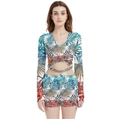 Blue tropical leaves Velvet Wrap Crop Top and Shorts Set