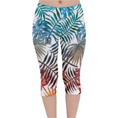 Blue Tropical Leaves Velvet Capri Leggings  by goljakoff