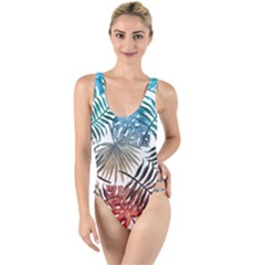 Blue tropical leaves High Leg Strappy Swimsuit