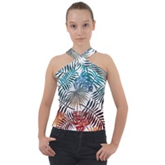 Blue tropical leaves Cross Neck Velour Top