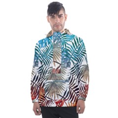 Blue tropical leaves Men s Front Pocket Pullover Windbreaker