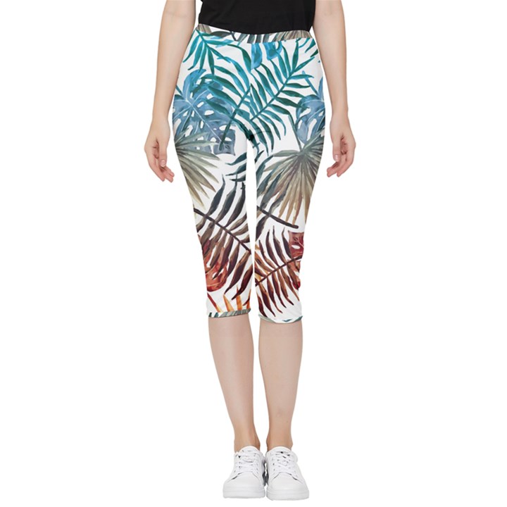 Blue tropical leaves Inside Out Lightweight Velour Capri Leggings 