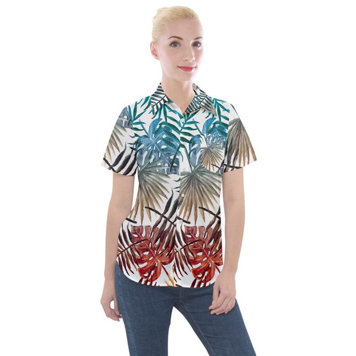 Blue tropical leaves Women s Short Sleeve Pocket Shirt