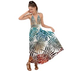 Blue tropical leaves Backless Maxi Beach Dress