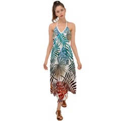 Blue tropical leaves Halter Tie Back Dress 