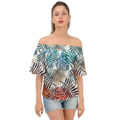 Blue tropical leaves Off Shoulder Short Sleeve Top