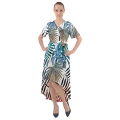 Blue tropical leaves Front Wrap High Low Dress