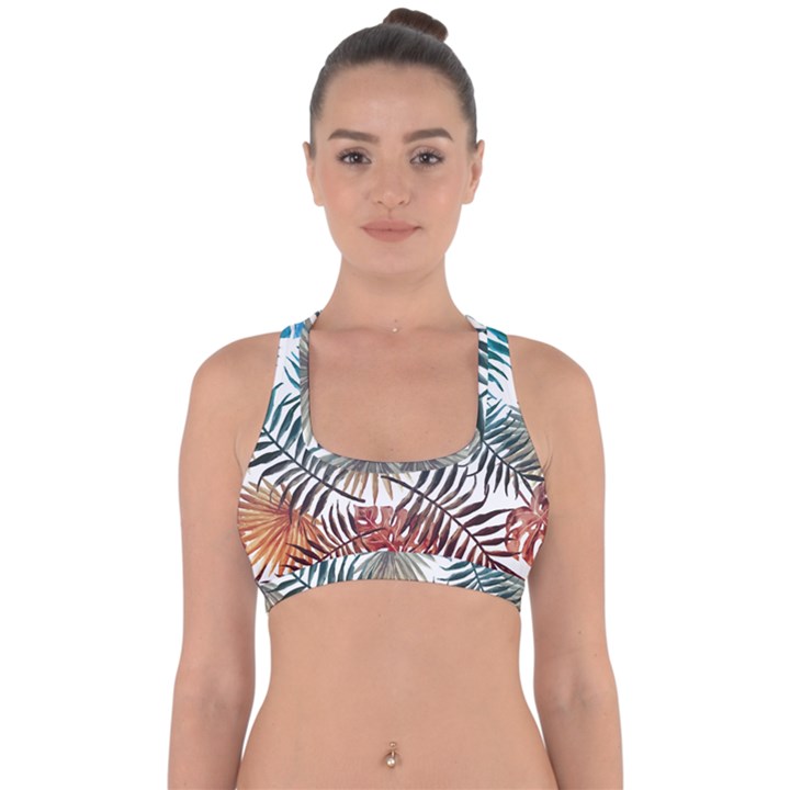 Blue tropical leaves Cross Back Hipster Bikini Top 