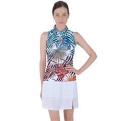 Blue tropical leaves Women s Sleeveless Polo Tee