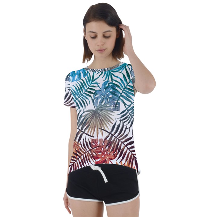 Blue tropical leaves Short Sleeve Foldover Tee