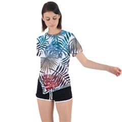 Blue tropical leaves Asymmetrical Short Sleeve Sports Tee