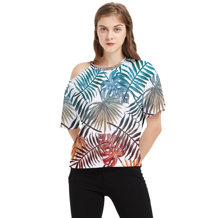 Blue tropical leaves One Shoulder Cut Out Tee