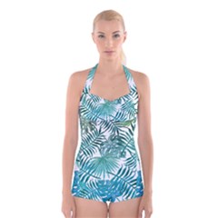 Blue Tropical Leaves Boyleg Halter Swimsuit  by goljakoff