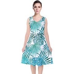 Blue Tropical Leaves V-neck Midi Sleeveless Dress 