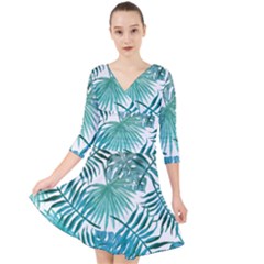 Blue Tropical Leaves Quarter Sleeve Front Wrap Dress by goljakoff