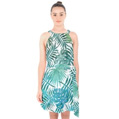 Blue Tropical Leaves Halter Collar Waist Tie Chiffon Dress by goljakoff