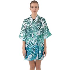 Blue Tropical Leaves Half Sleeve Satin Kimono  by goljakoff