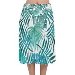 Blue Tropical Leaves Velvet Flared Midi Skirt by goljakoff