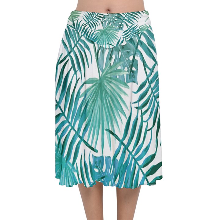 Blue tropical leaves Velvet Flared Midi Skirt