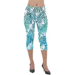 Blue Tropical Leaves Lightweight Velour Capri Leggings  by goljakoff