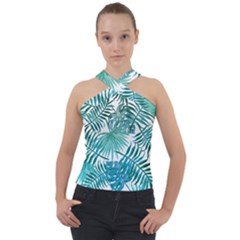 Blue Tropical Leaves Cross Neck Velour Top by goljakoff