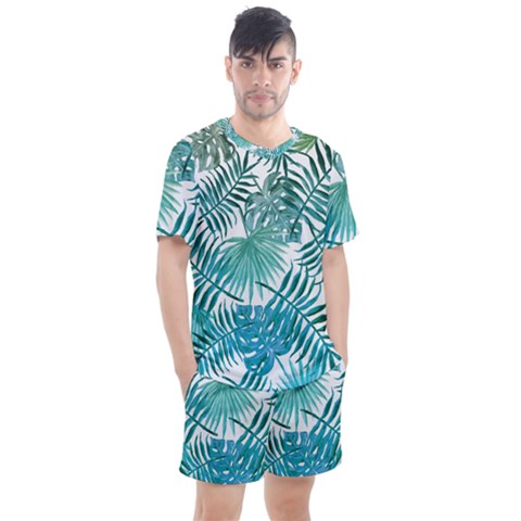 Blue Tropical Leaves Men s Mesh Tee And Shorts Set by goljakoff