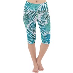 Blue Tropical Leaves Lightweight Velour Cropped Yoga Leggings by goljakoff