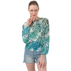 Blue Tropical Leaves Banded Bottom Chiffon Top by goljakoff