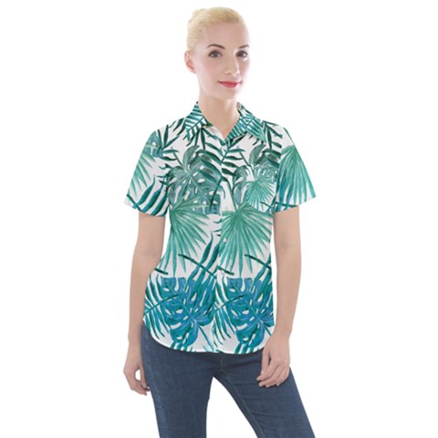 Blue Tropical Leaves Women s Short Sleeve Pocket Shirt by goljakoff